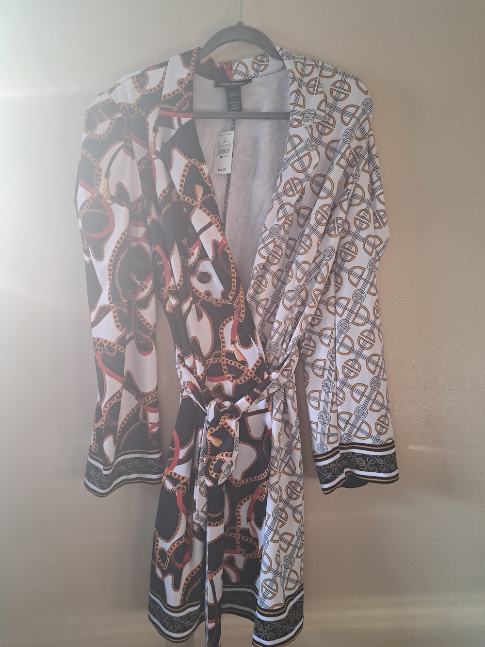 Ashley Stewart Black White and Gold Chain-Print Long Sleeve Wrap Dress